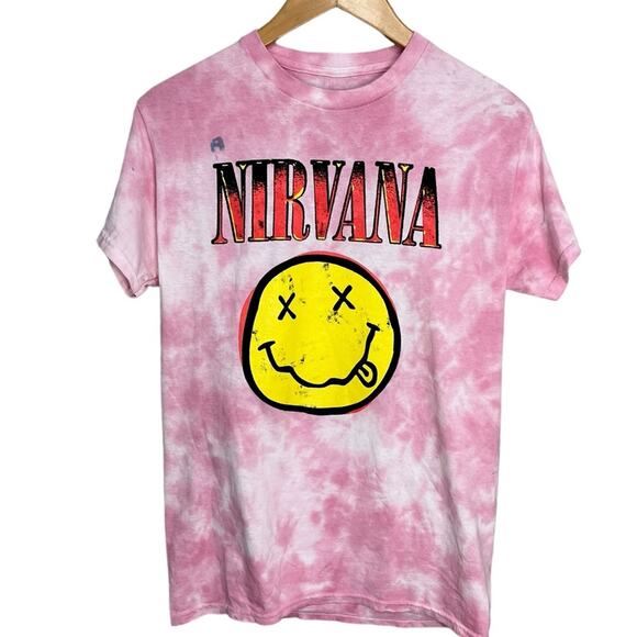 NIRVANA Pink Tie Dye 100% Cotton‎ Licensed Band Short Sleeve T-Shirt Size Small - Picture 1 of 9